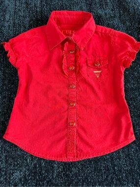 GUESS Girls Red Ruffle Button Down Shirt Rhinestone Logo Size 3T